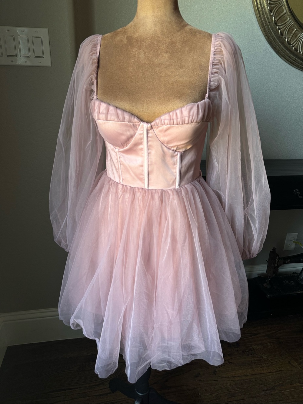Romantic Blush Tulle Corset Mini Dress Sheer Puff Sleeves Small Fairycore
